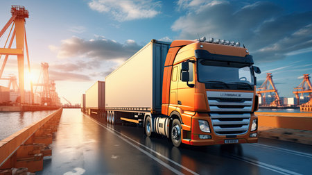 Transportation and logistics import export and transport industry of crane loading cargo container ship and trucks. Business logistic transportation concept.の素材