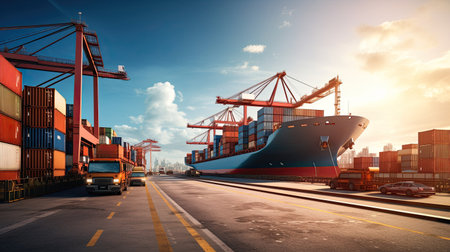 Transportation and logistics import export and transport industry of crane loading cargo container ship and trucks. Business logistic transportation concept.の素材