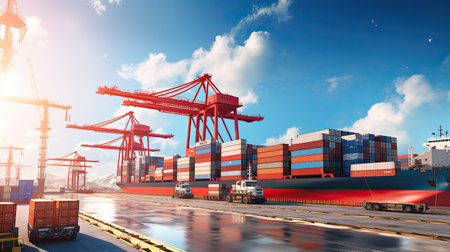 Transportation and logistics import export and transport industry of crane loading cargo container ship and trucks. Business logistic transportation concept.の素材
