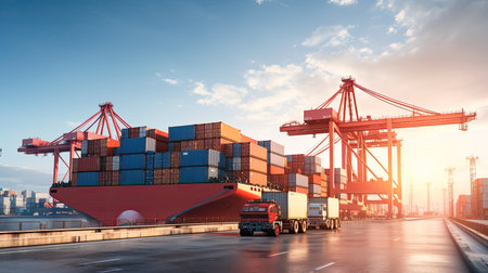 Transportation and logistics import export and transport industry of crane loading cargo container ship and trucks. Business logistic transportation concept.の素材