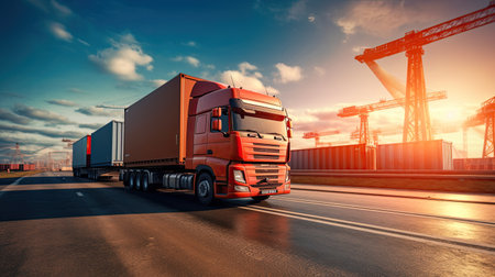 Transportation and logistics import export and transport industry of crane loading cargo container ship and trucks. Business logistic transportation concept.の素材