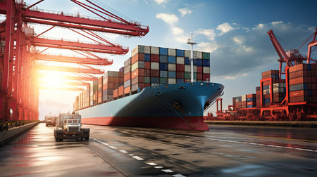 Transportation and logistics import export and transport industry of crane loading cargo container ship and trucks. Business logistic transportation concept.の素材