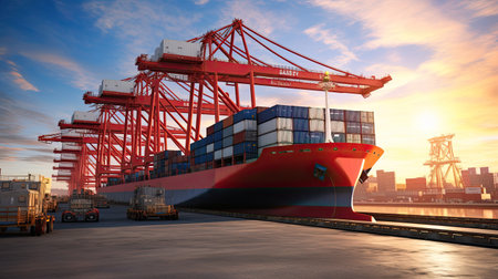 Transportation and logistics import export and transport industry of crane loading cargo container ship and trucks. Business logistic transportation concept.の素材