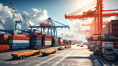 Transportation and logistics import export and transport industry of crane loading cargo container ship and trucks. Business logistic transportation concept.の素材