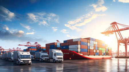 Transportation and logistics import export and transport industry of crane loading cargo container ship and trucks. Business logistic transportation concept.の素材