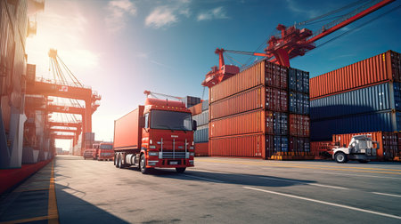 Transportation and logistics import export and transport industry of crane loading cargo container ship and trucks. Business logistic transportation concept.の素材