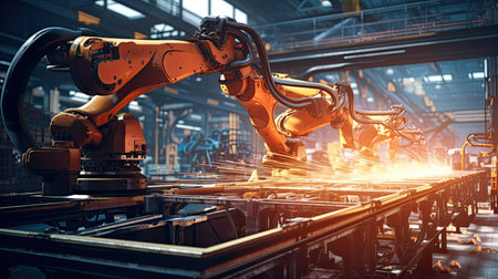 Automation robot arms machine in intelligent factory industrial on real time monitoring system software. Welding robotics and digital manufacturing operation.の素材