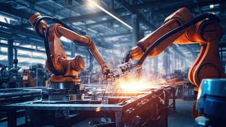 Automation robot arms machine in intelligent factory industrial on real time monitoring system software. Welding robotics and digital manufacturing operation.の素材