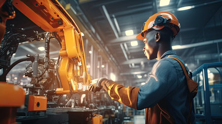 African technicians working at industrial robot in modern factory. engineer check and control automation robot arms machine in intelligent factory industrial on real time monitoring system software. Welding robotics and digital manufacturing operation.の素材
