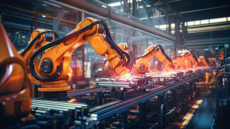 Automation robot arms machine in intelligent factory industrial on real time monitoring system software. Welding robotics and digital manufacturing operation.の素材