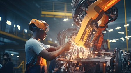 African technicians working at industrial robot in modern factory. engineer check and control automation robot arms machine in intelligent factory industrial on real time monitoring system software. Welding robotics and digital manufacturing operation.の素材