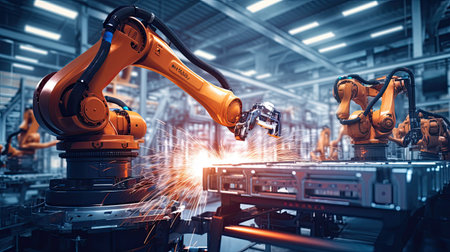 Automation robot arms machine in intelligent factory industrial on real time monitoring system software. Welding robotics and digital manufacturing operation.の素材