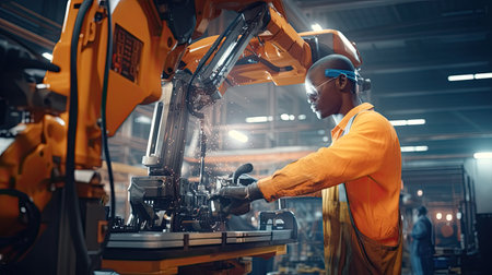 African technicians working at industrial robot in modern factory. engineer check and control automation robot arms machine in intelligent factory industrial on real time monitoring system software. Welding robotics and digital manufacturing operation.の素材