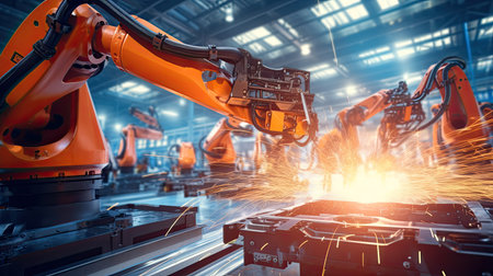 Automation robot arms machine in intelligent factory industrial on real time monitoring system software. Welding robotics and digital manufacturing operation.の素材