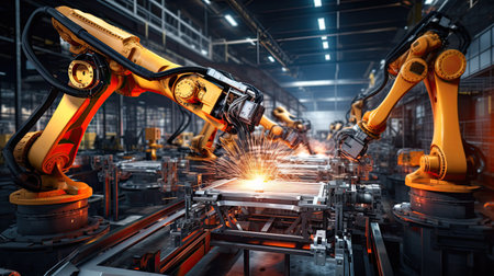Automation robot arms machine in intelligent factory industrial on real time monitoring system software. Welding robotics and digital manufacturing operation.の素材