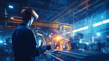 Technicians working at industrial robot in modern factory. engineer check and control automation robot arms machine in intelligent factory industrial on real time monitoring system software. Welding robotics and digital manufacturing operation.の素材