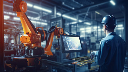 African technicians working at industrial robot in modern factory. engineer check and control automation robot arms machine in intelligent factory industrial on real time monitoring system software. Welding robotics and digital manufacturing operation.の素材