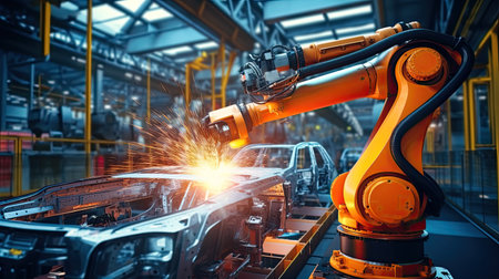 Automation robot arms machine in intelligent factory industrial on real time monitoring system software. Welding robotics and digital manufacturing operation.の素材