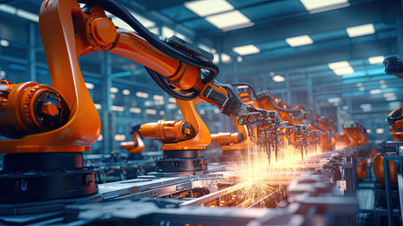 Automation robot arms machine in intelligent factory industrial on real time monitoring system software. Welding robotics and digital manufacturing operation.の素材