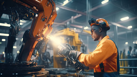 African technicians working at industrial robot in modern factory. engineer check and control automation robot arms machine in intelligent factory industrial on real time monitoring system software. Welding robotics and digital manufacturing operation.の素材