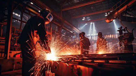 Technicians working at industrial robot in modern factory. engineer check and control automation robot arms machine in intelligent factory industrial on real time monitoring system software. Welding robotics and digital manufacturing operation.の素材