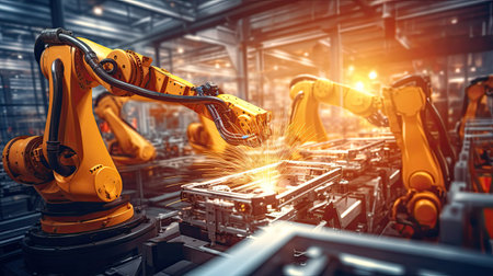 Automation robot arms machine in intelligent factory industrial on real time monitoring system software. Welding robotics and digital manufacturing operation.の素材