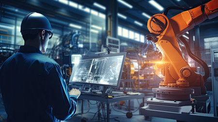 African technicians working at industrial robot in modern factory. engineer check and control automation robot arms machine in intelligent factory industrial on real time monitoring system software. Welding robotics and digital manufacturing operation.の素材