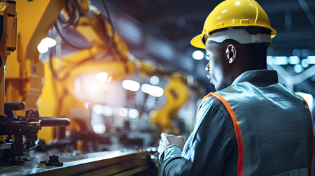 African technicians working at industrial robot in modern factory. engineer check and control automation robot arms machine in intelligent factory industrial on real time monitoring system software. Welding robotics and digital manufacturing operation.の素材