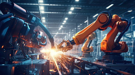 Automation robot arms machine in intelligent factory industrial on real time monitoring system software. Welding robotics and digital manufacturing operation.の素材