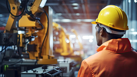 African technicians working at industrial robot in modern factory. engineer check and control automation robot arms machine in intelligent factory industrial on real time monitoring system software. Welding robotics and digital manufacturing operation.の素材