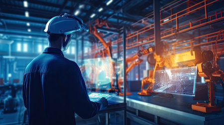 Technicians working at industrial robot in modern factory. engineer check and control automation robot arms machine in intelligent factory industrial on real time monitoring system software. Welding robotics and digital manufacturing operation.の素材