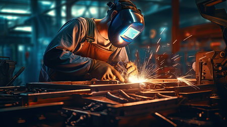 Technicians working at industrial robot in modern factory. engineer check and control automation robot arms machine in intelligent factory industrial on real time monitoring system software. Welding robotics and digital manufacturing operation.の素材