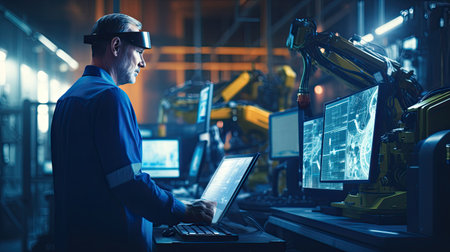 African technicians working at industrial robot in modern factory. engineer check and control automation robot arms machine in intelligent factory industrial on real time monitoring system software. Welding robotics and digital manufacturing operation.の素材