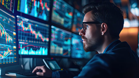 Financial analysts are in their offices, focusing on market data and providing accurate investment advice to clients.の素材