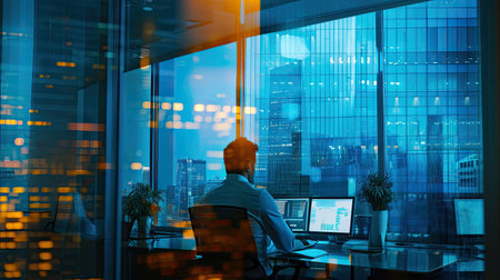 Financial analysts are in their offices, focusing on market data and providing accurate investment advice to clients.の素材