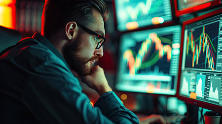 Financial analysts are in their offices, focusing on market data and providing accurate investment advice to clients.の素材