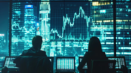 Financial analysts are in their offices, focusing on market data and providing accurate investment advice to clients.の素材