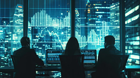 Financial analysts are in their offices, focusing on market data and providing accurate investment advice to clients.の素材
