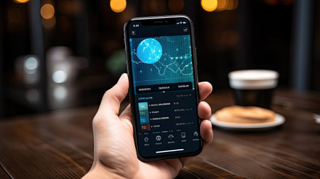Smartphone financial app to buy or sell shares of stock market. Investment concept. Hand holding a smartphone with banking blockchain application.の素材