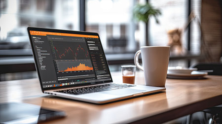 Laptop, notebook in financial analysis app to buy or sell market stock exchange, cryptocurrency , gold spot trading. Business financial analysis concept.の素材