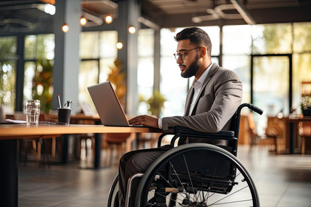 Disabled smiling guy in a wheelchair in front of laptop in office. Business working and communication concept.の素材