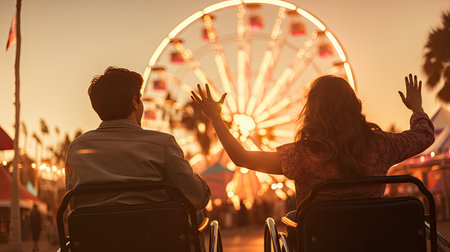 Silhouette of Joyful Disabled Man and his friend in Wheelchair Raising Hands during sunset.の素材