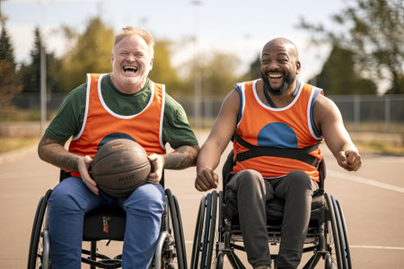 Joyful disabled mans in wheelchair playing basketball with two friends with a ball, concept of adaptive sports and physical activity, rehabilitation for people with physical disabilities.の素材