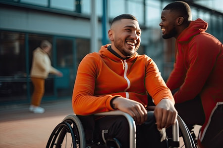 Joyful disabled mans in wheelchair with his friends, Concept of adaptive sports and physical activity, rehabilitation for people with physical disabilities.の素材