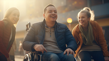 Joyful disabled mans in wheelchair with his friends, Concept of adaptive sports and physical activity, rehabilitation for people with physical disabilities.の素材