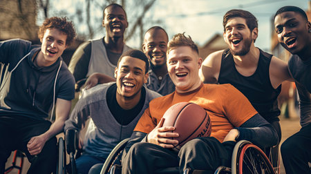 Joyful disabled mans in wheelchair playing basketball with two friends with a ball, concept of adaptive sports and physical activity, rehabilitation for people with physical disabilities.の素材
