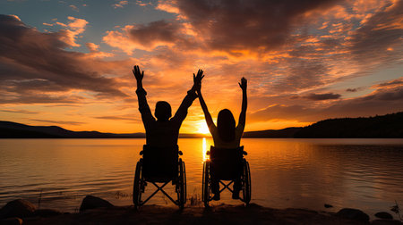 Silhouette of Joyful Disabled Man and his friend in Wheelchair Raising Hands during sunset.の素材