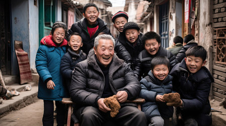 Disabilities Elderly people is happy in wheelchair with his kids and family. - Concept of adaptive sports and physical activity , happiness , family and rehabilitation for people with physical disabilities.の素材