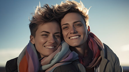 LGBTQ - Female homosexual couple love happiness concept. Homosexual women hugging and enjoying time together., radiating happiness.の素材