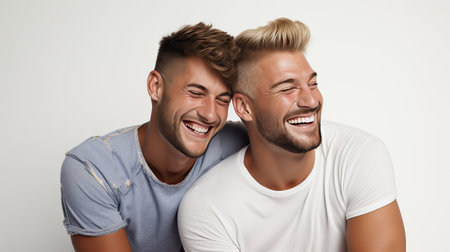 LGBTQ - African male homosexual couple love happiness concept. Homosexual male hugging and enjoying time together in isolated white background., radiating happiness.の素材